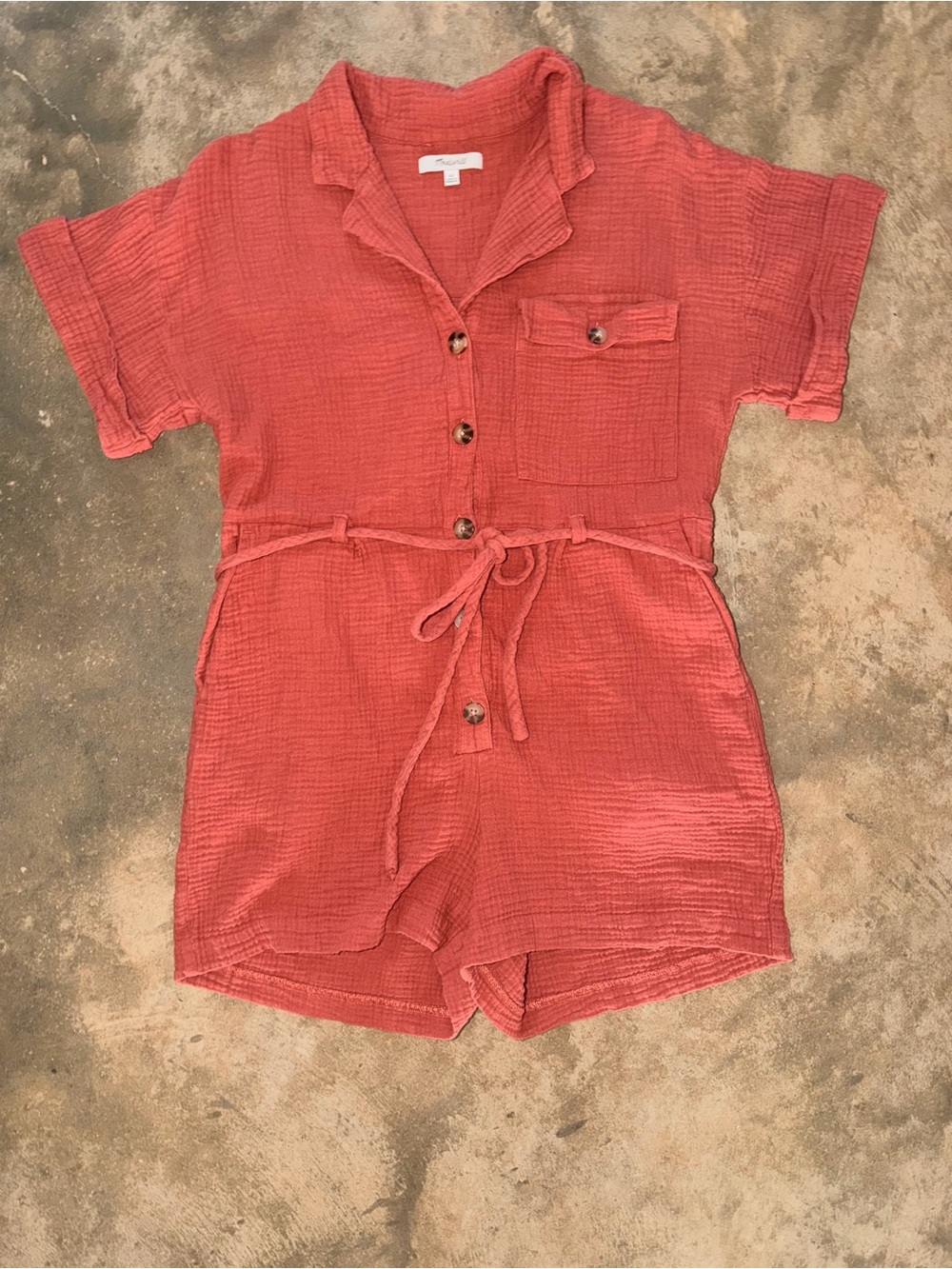 Madewell Double Gauze Button Front Tie Waist Romper Rust XS 100% Cotton